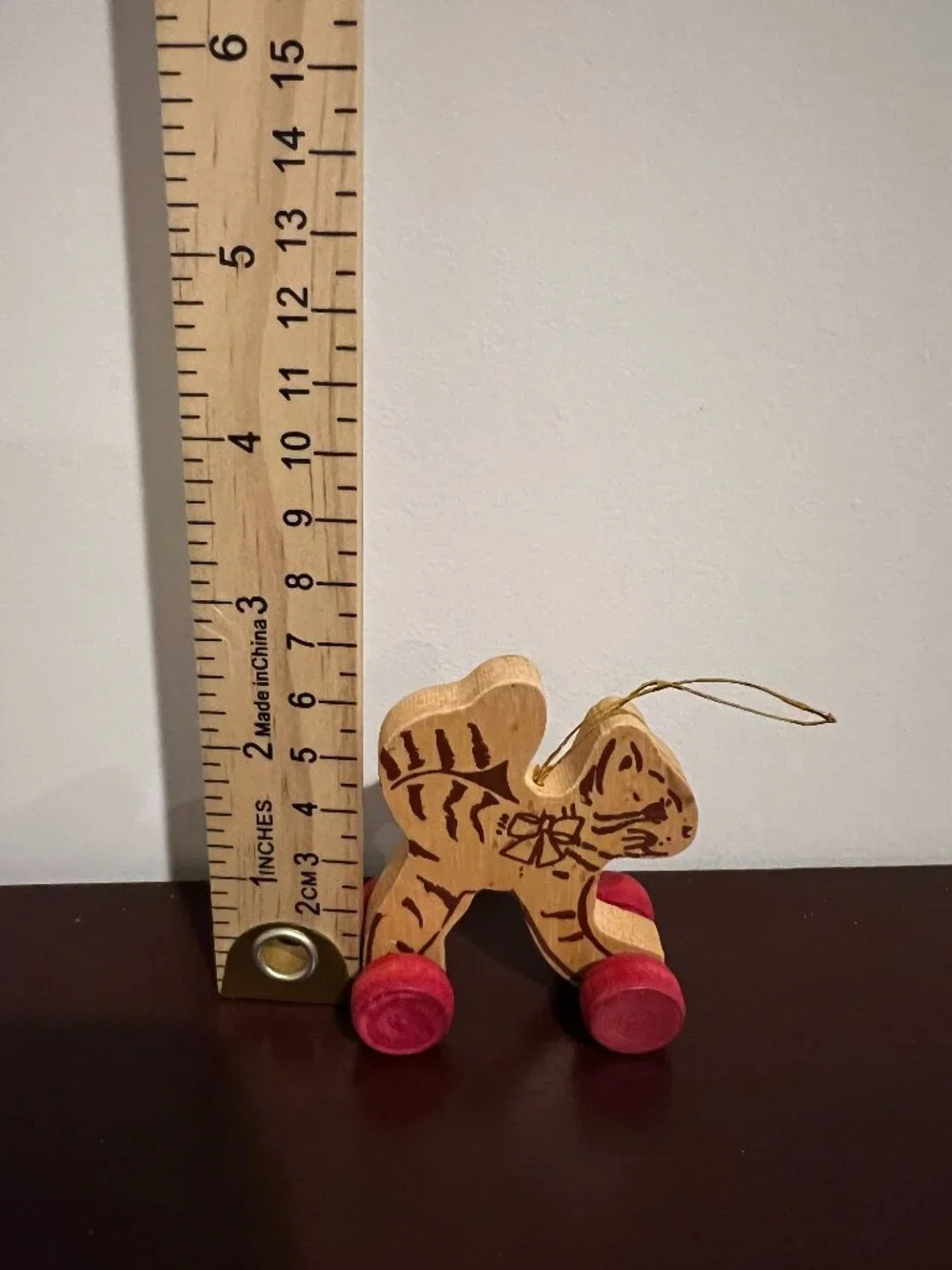 Wooden Cat Christmas Ornament Rolling Wheels Folk Art Primitive Kitty